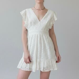 Aqua White Eyelet Lace Embroidered V-Neck A-Line Mini Dress